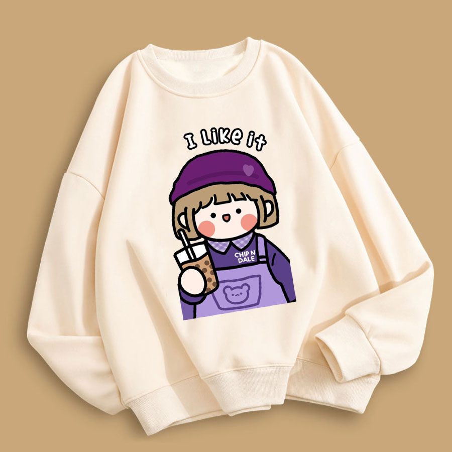 Áo Sweater Unisex Form Rộng Bo Dệt Tay Gấu Chất Nỉ Bông Cotton Dày Dặn In Hoạt Hình Màu Be In Hoạt Hình 3D Bé I Like It