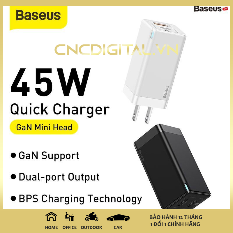 Bộ sạc baseus gan 45w trắng kèm cáp type c to type c, pd sạc nhanh 4.0 3.0 - 1 cổng usb + 1 cổng type c sạc nhanh cho laptop / iphone / ipad / samsung - hàng chính hãng