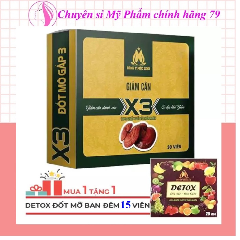 Giảm cân X3, detox nhanh Bóc tách chất béo, [HỘP 30 VIÊN] Không tặng detox giảm cân