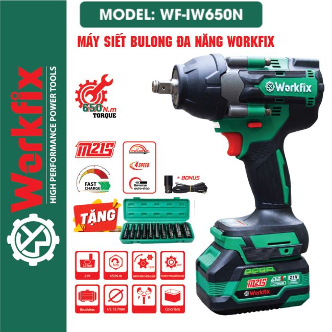 [BH 5 NĂM] Máy Siết bulong WORKFIX WF-IW650N Lực búa 650Nm - Máy bắn ốc chân pin phổ thông lõi đồng 100%