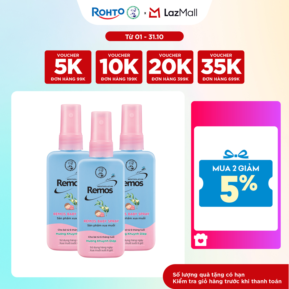 Combo 3 xịt chống muỗi cho bé: Xịt phun sương chống muỗi Remos cho bé từ 6 tháng tuổi (70ml x 3) + Tặng 1 Kem chống muỗi Remos hương cam 70g