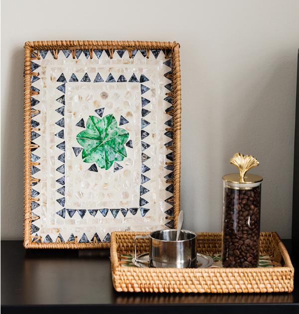 Khay mây chữ nhật khảm trai decor đồ ăn,trang trí tiệc