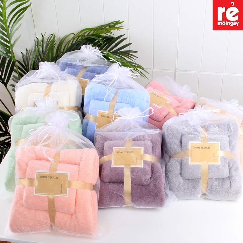 SET khăn tắm khổ lớn cao cấp , khăn tắm lông cừu 70x140 và 35x75 lông mềm thấm hút tốt không xù rụng lông