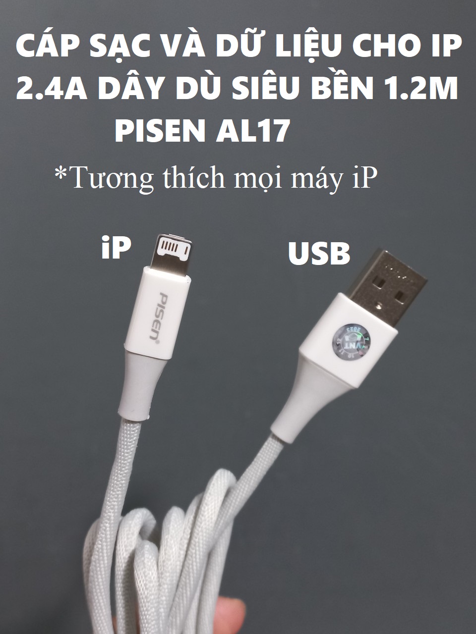 Cáp sạc và dữ liệu cho ip 2.4a dây dù siêu bền chiều dài 1.2m pisen al17