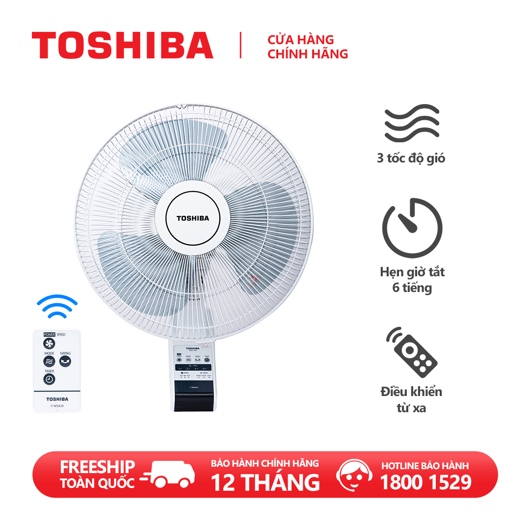 Quạt treo tường Toshiba F-WSA20(H)VN - Điều khiển từ xa - Hẹn giờ tắt - Hàng chính hãng, bảo hành 12 tháng, chất lượng Nhật Bản