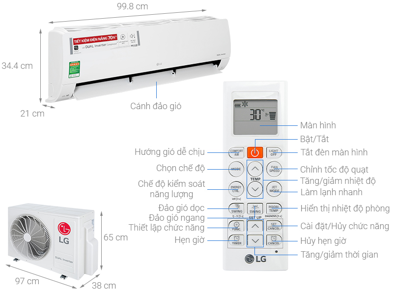 Máy lạnh LG Inverter 2.5 HP V24ENF1 - Công suất làm lạnh 21000 BTU Độ
