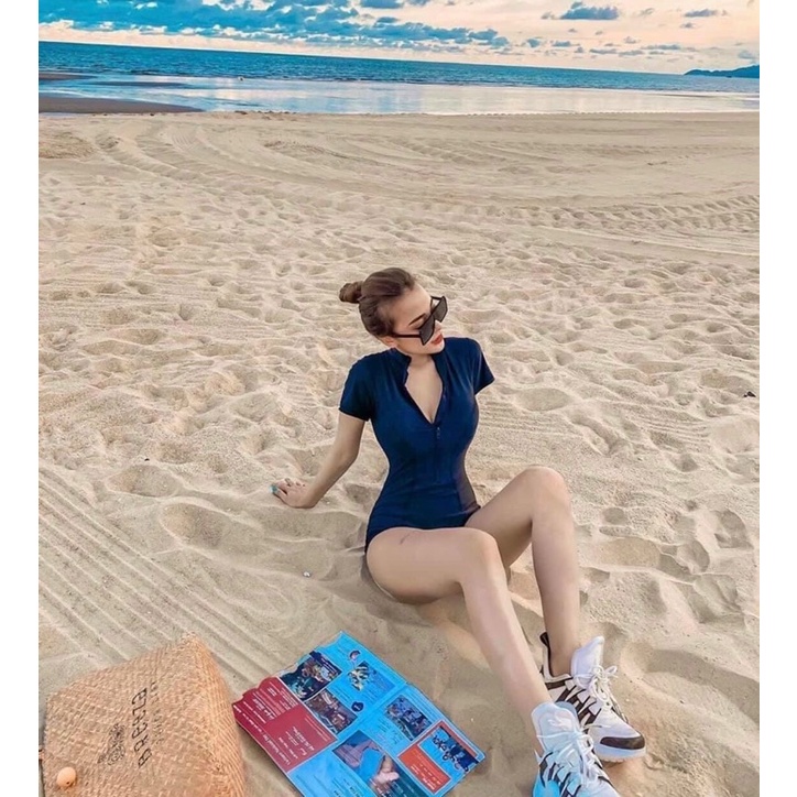 Bikini một mảnh liền thân đồ bơi nữ dây kéo tay ngắn tay dài cao cấp-jami-mom158