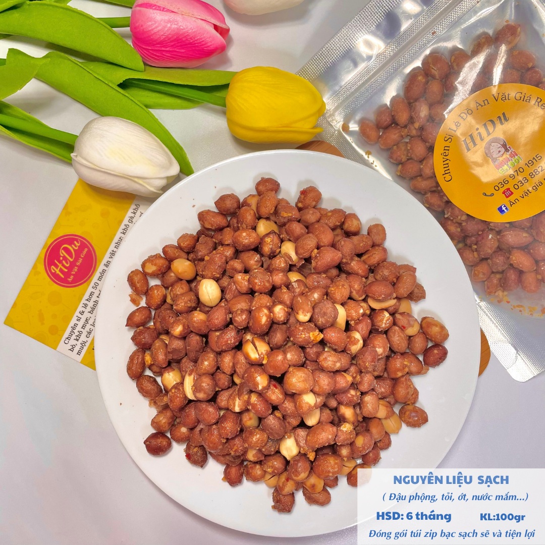 Đậu phộng rang tỏi ớt 100gr nguyên vỏ giòn tan đậm vị Ăn vặt HiDu