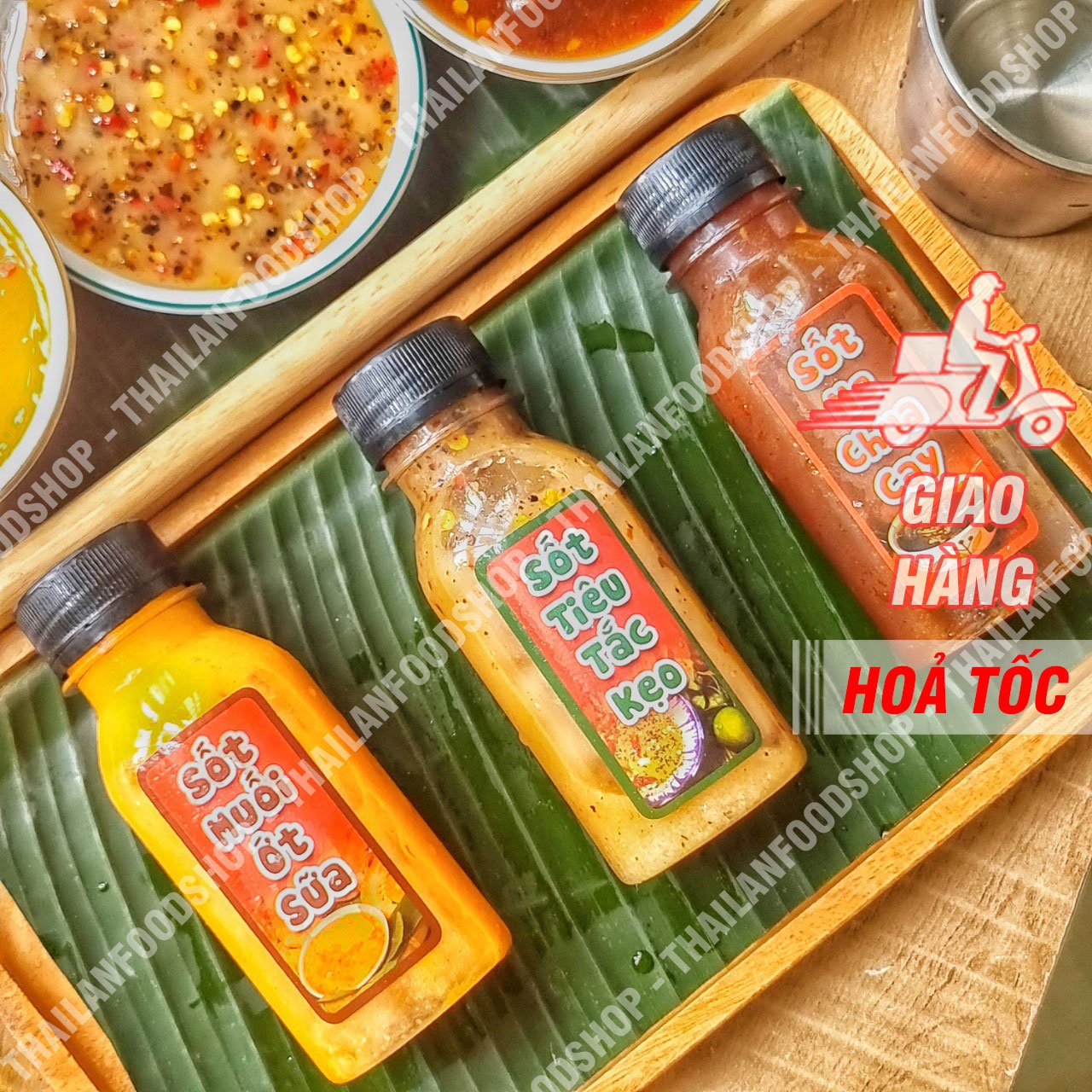Set nước chấm 3 vị (muối ớt đỏ, sốt tiêu tắc kẹo , sốt me chua cay)