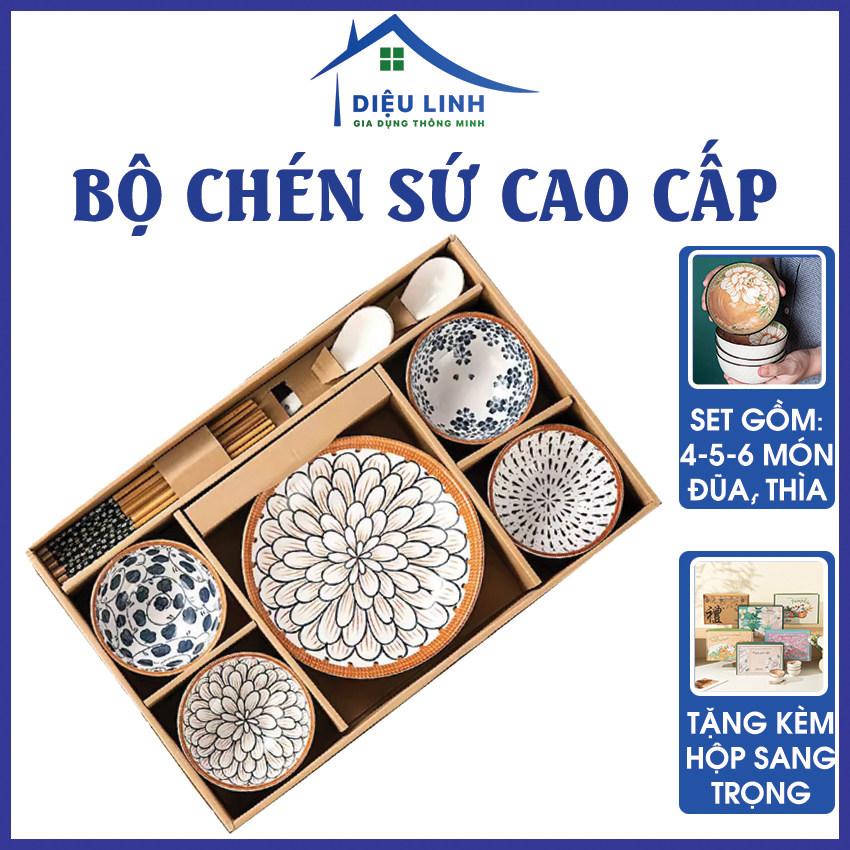 Chén Bát, Bộ bát đĩa ăn cơm Bộ 5 chén dĩa, Bộ 6 chén ăn cơm gốm sứ in họa tiết đáng yêu bát ăn cơm cao cấp có hộp đi kèm làm quà tặng cực sang- Họa tiết tự chọn dieulinhshop