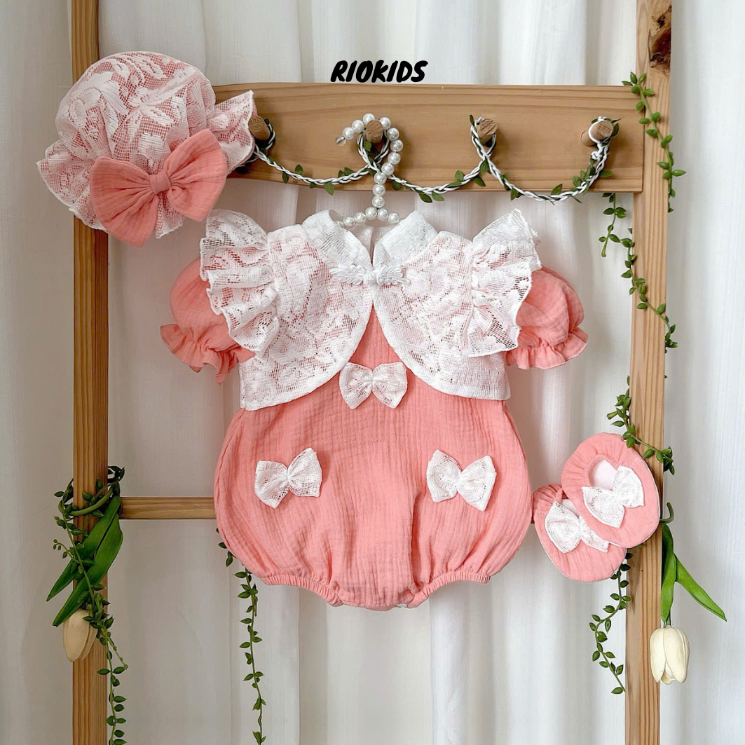 BD202 Body áo liền quần xô hồng RIOKIDS, quần áo đầy tháng cho bé gái sơ sinh
