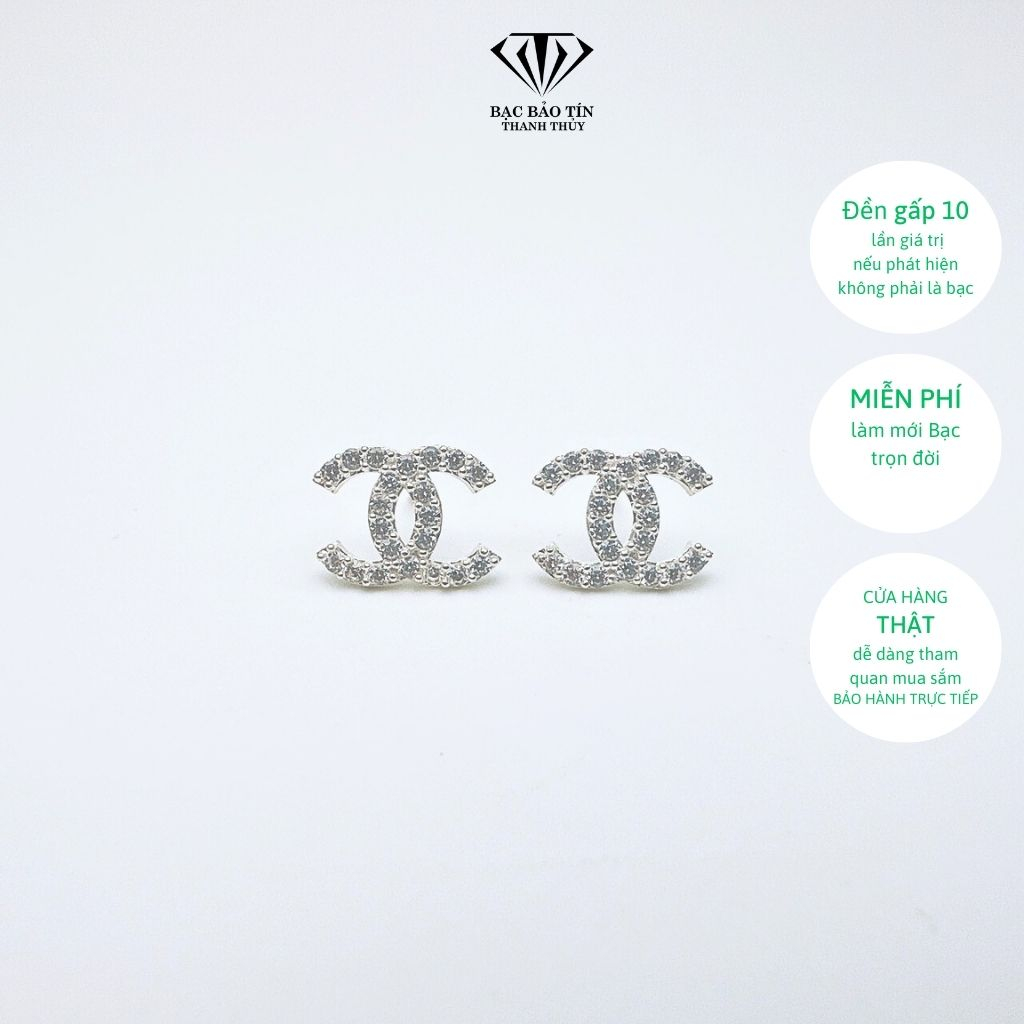 Bông tai bạc nữ gắn đá trắng CB cao cấp Bạc Bảo Tín Thanh Thủy, chất liệu bạc ta, cao 1.1cm, rộng 1.2cm