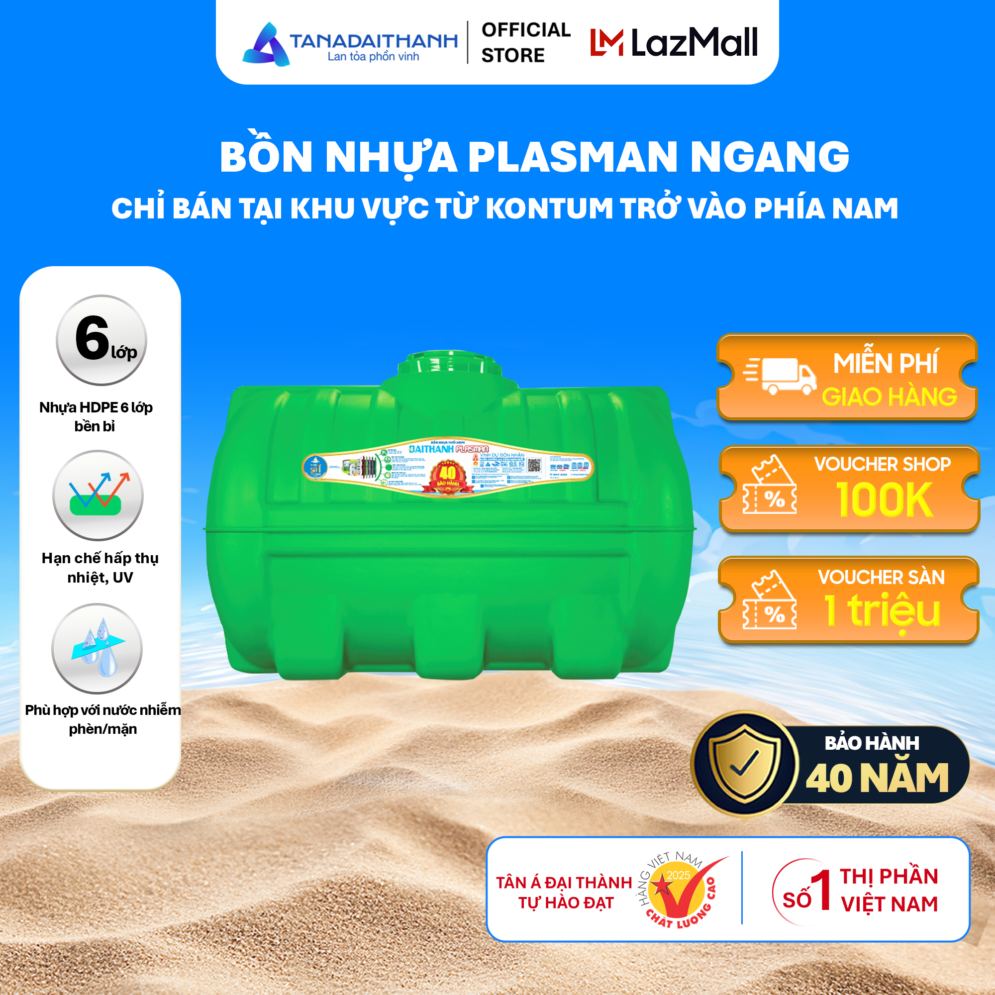 Bồn nước nhựa Đại Thành Plasman Ngang 500L 1000L Chính Hãng, Bảo hành 20 năm