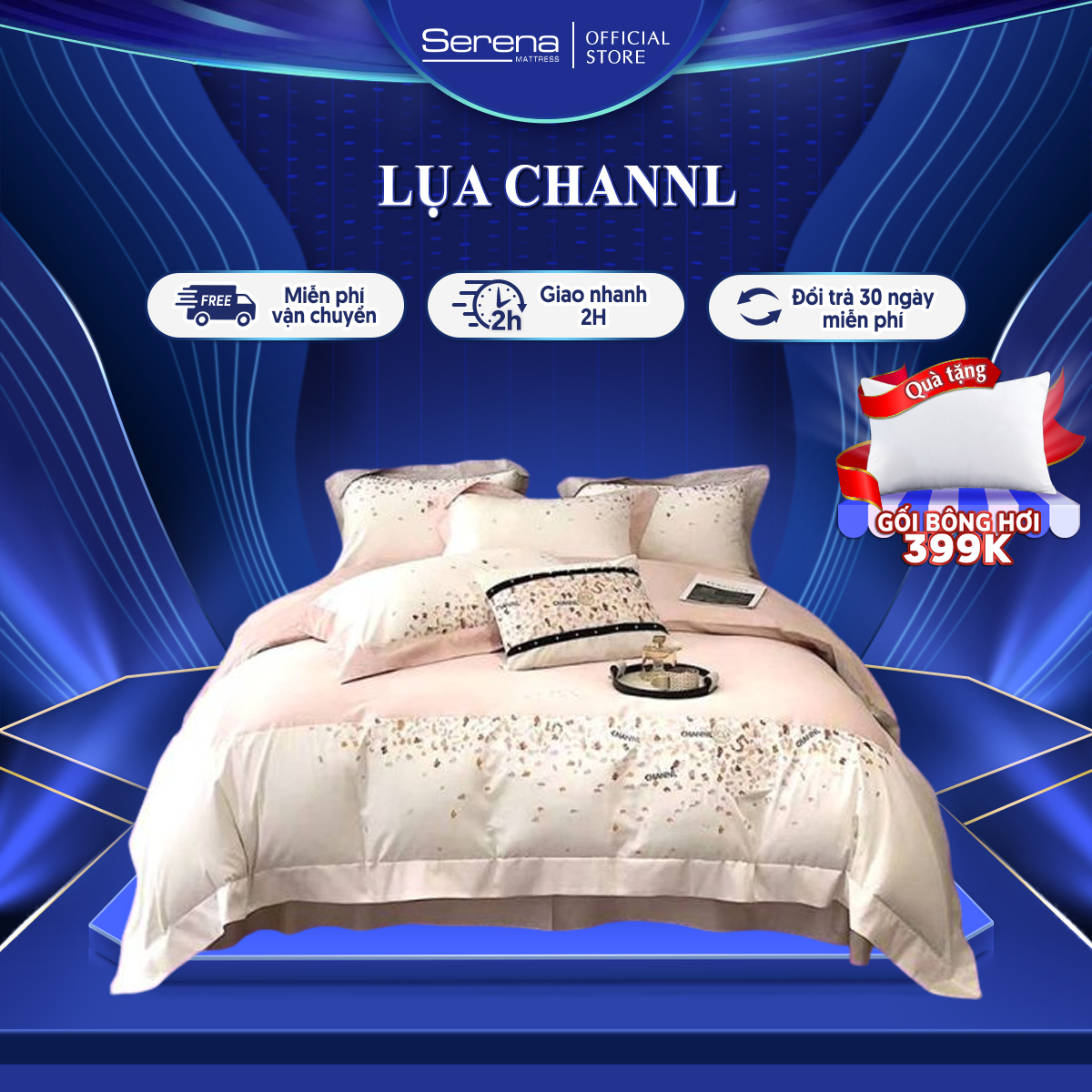 Bộ ga gối 5 món cao cấp lụa channl cao cấp chính hãng chuẩn khách sạn 5 sao set bộ vỏ chăn ga ra gối nệm đệm mền trần chần bông phủ trải giường ngủ phi lụa satin 5 món full sang trọng