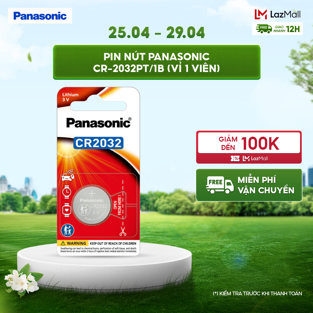 Vỉ 1 viên Pin nút Panasonic CR-2032PT/1B – Hàng Chính Hãng