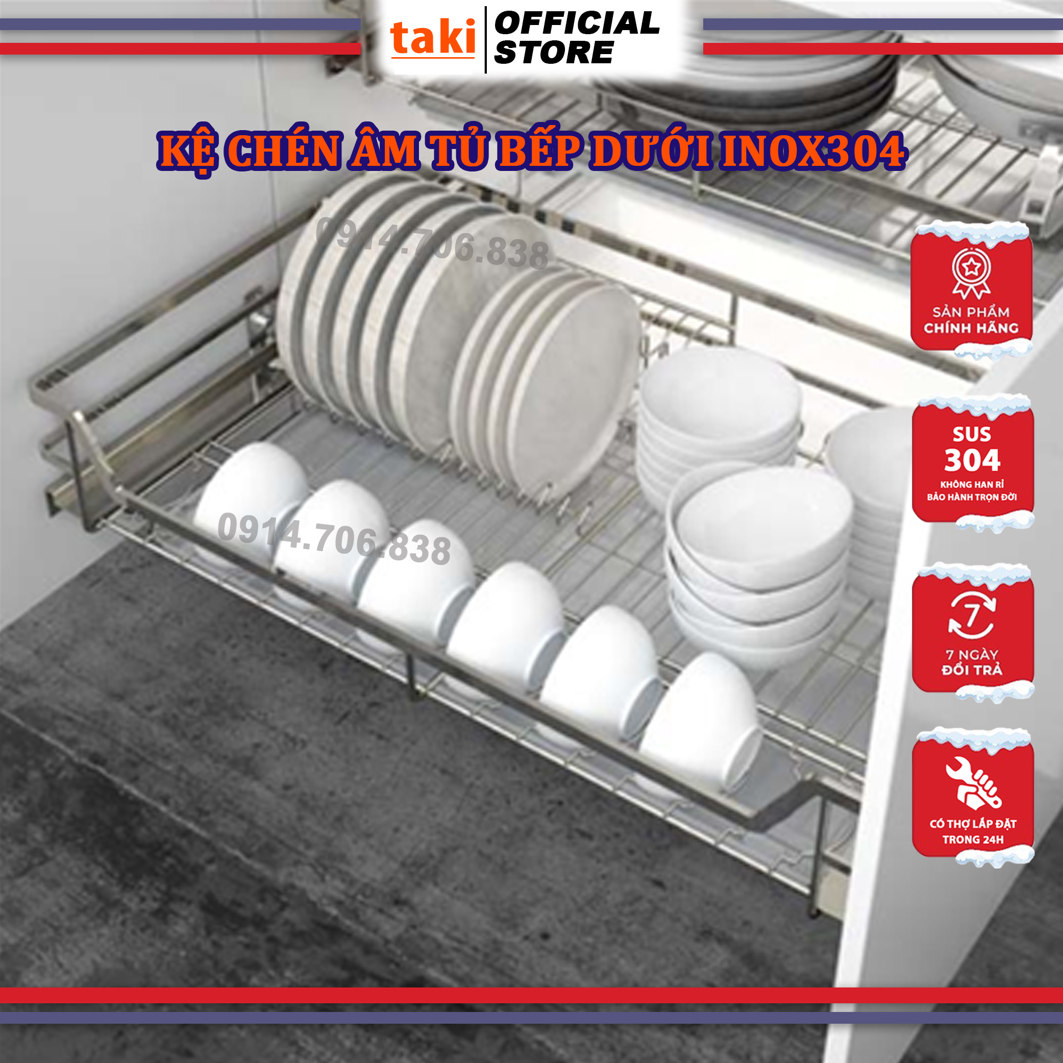 Kệ chén bát đa năng, giá để bát tủ bếp dưới nan dẹt, có ray giảm chấn bảo hành vĩnh viễn