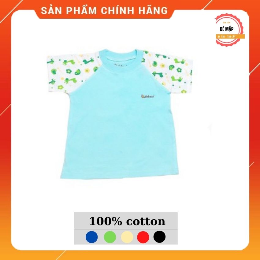 Sơ sinh - Áo tay ngắn, cổ bo tròn, màu trơn, phối họa tiết tay áo, cotton co giãn 4 chiều
