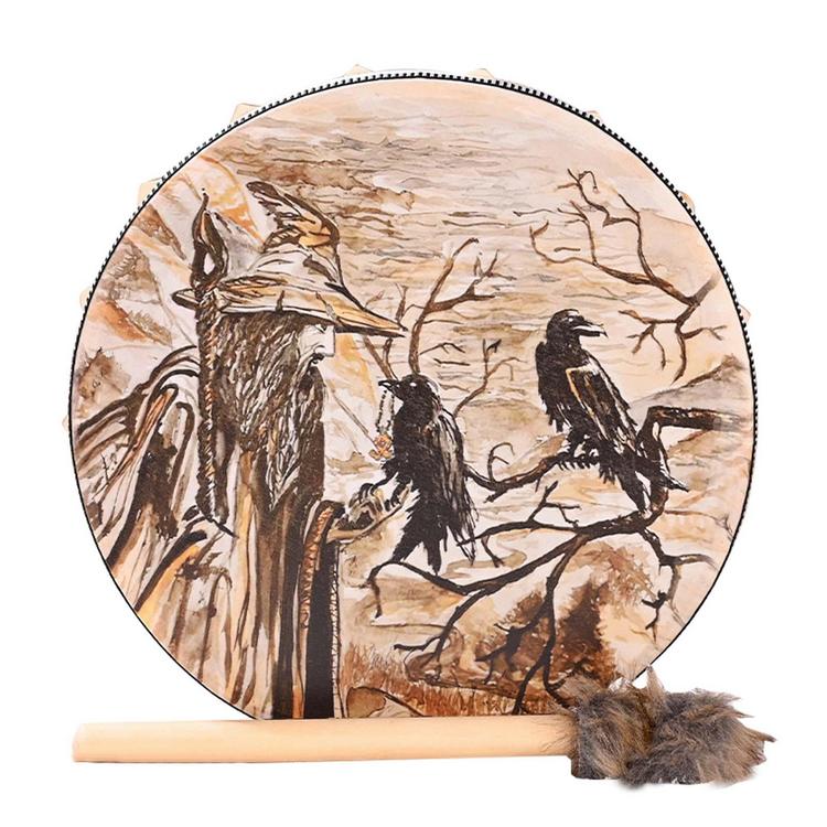 Shamanic Drums Old Man And Crow Themed Siberian Drum Decoration Siberian Drum Spirit Music Instrument Wood Music Spiritual Drum Decorations for Christmas Spring Festival Men And Women elegantly