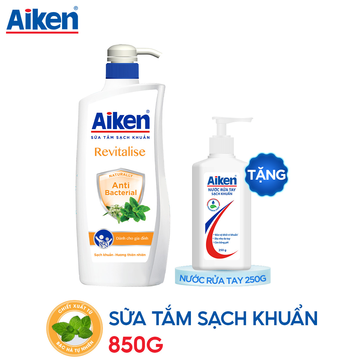Aiken sữa tắm bạc hà 850g + nước rửa tay 250g