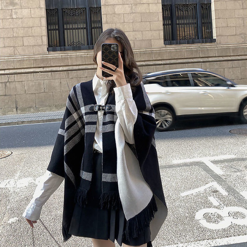 Áo choàng len | áo khoác len dạ nữ kết hợp khăn choàng 2 mặt họa tiết kẻ sọc ulzzang