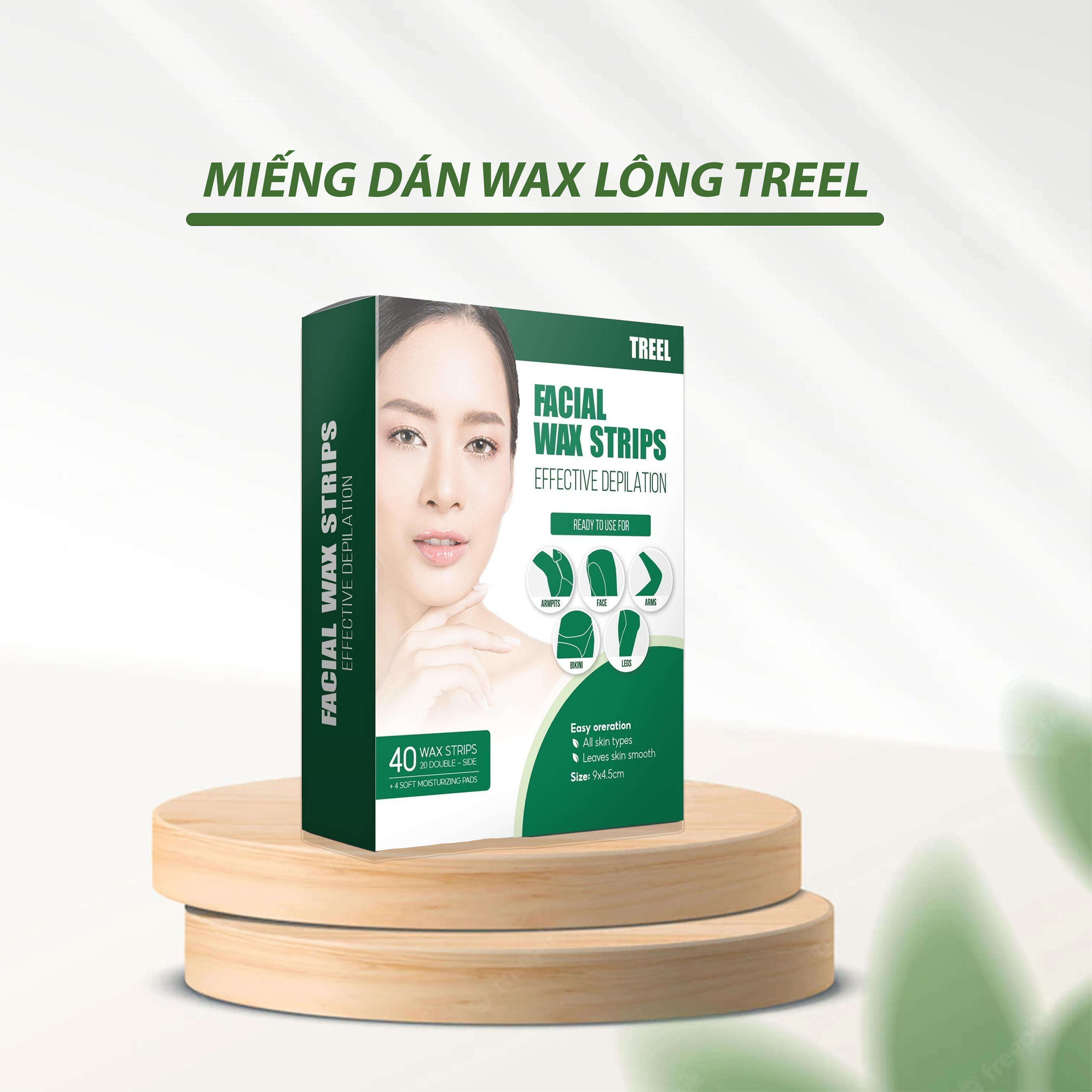 Hộp 40 miếng dán wax lông ria mép, miếng dán wax lông mặt TREEL hai mặt tự nhiên, triệt lông vùng kín, ria mép, wax chân tay, nách, mép, khăn lau dưỡng ẩm, khăn lau dưỡng ẩm dạng sáp loại bỏ dư thừa khi tẩy lông