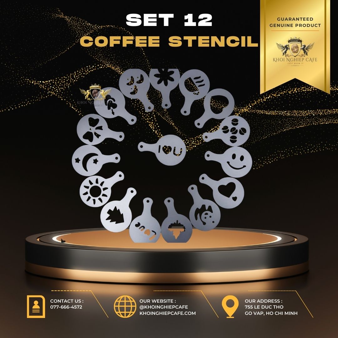 Coffee stencils Bộ khuôn rắc bột trang trí cappuccino latte art 12 cái