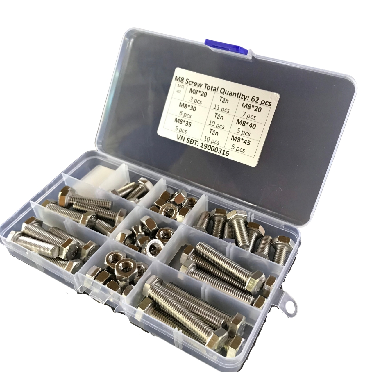 Hộp 62pcs bulong ốc vít inox 316 các loại m830, m840, m8*45.iso9001:2015