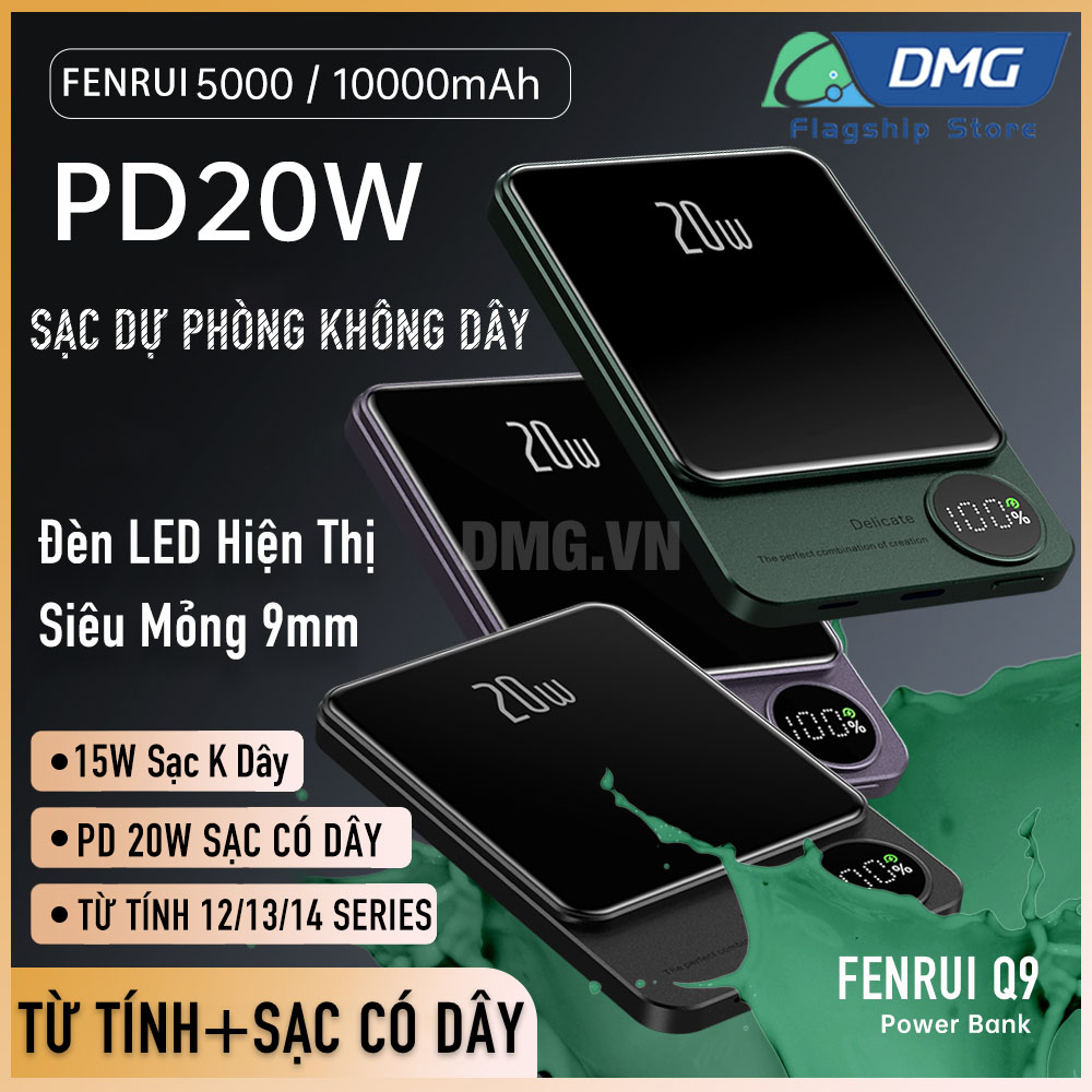 Sạc Dự Phòng Không Dây FENRUI Q9 5000mAh /10000mAh,Cho 12/13/14 Series,Sạc K Dây từ tính 7.5W,SẠC CÓ DÂY 20W