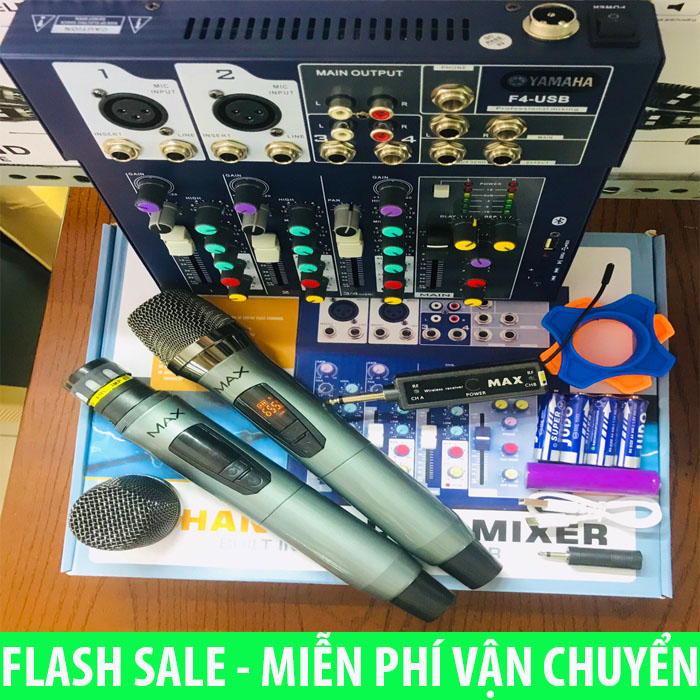 [HCM]Combo Trọn Bộ Mixer Ya.ma.ha F4 Bluetooth - Tặng Kèm 2 Micro Không Dây Max 39  Bàn Trộn Âm Thanh Mixer F4 Có Màn Hình Và Bluetooth Micro Karaoke Không Dây Max39 Kết Hợp Với Mixer F4 Amply Loa Kéo.