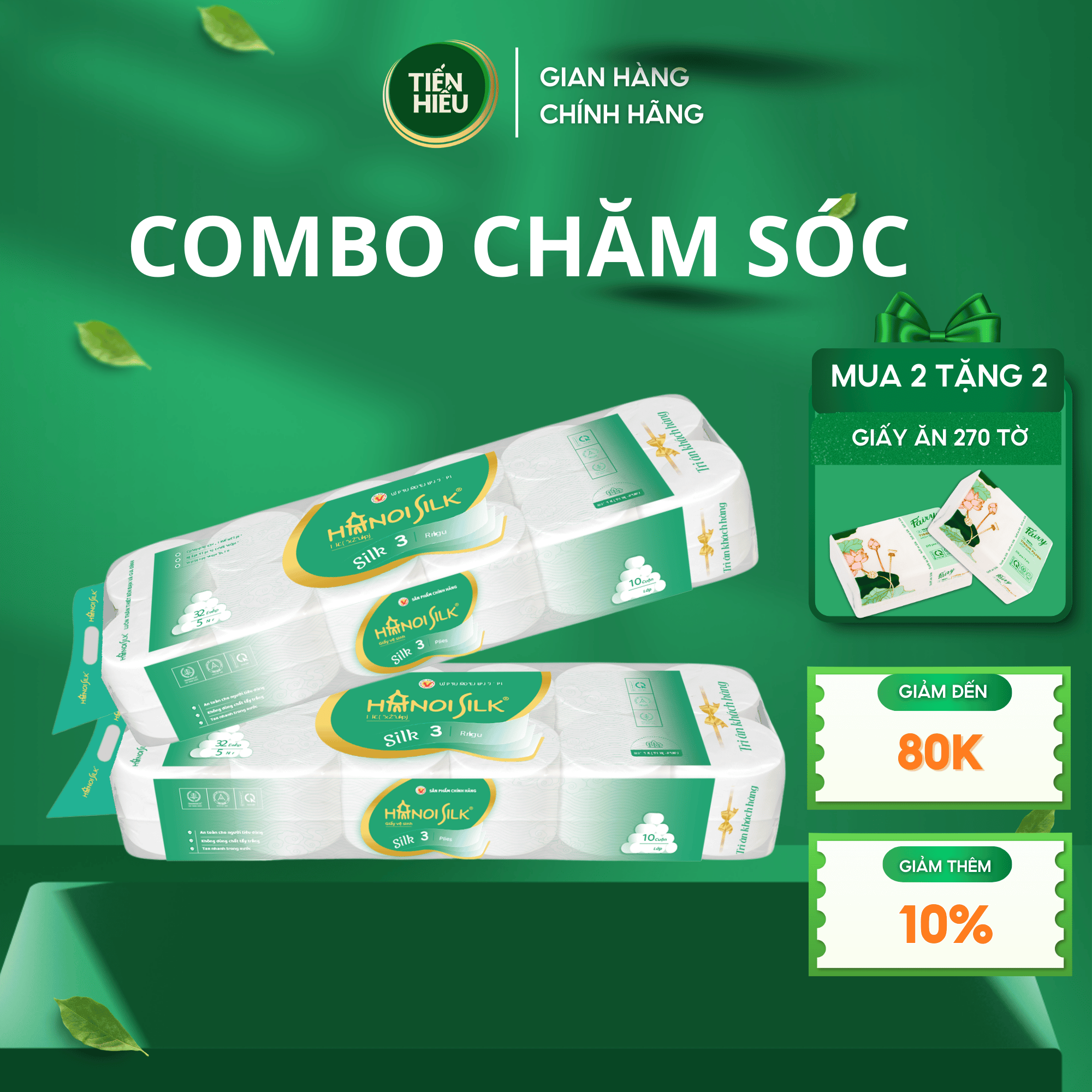Combo 20 Cuộn Giấy Vệ Sinh Hà Nội Silk Xanh Lá 3 Lớp 3.6kg Không Lõi Mềm Mịn Tan Nhanh, Tặng 2 Bịch Giấy Ăn Rút 270 Tờ