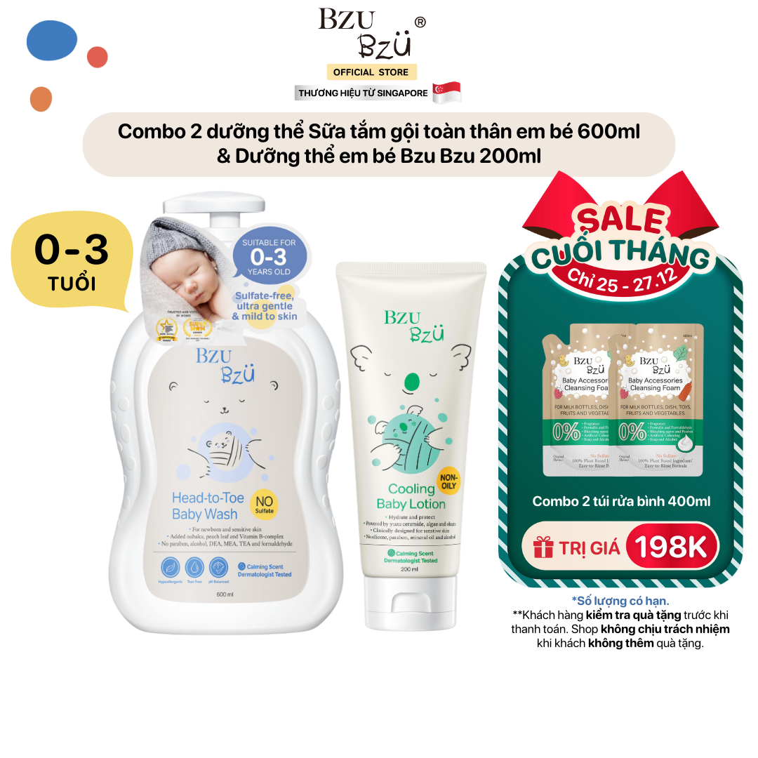 Combo Sữa Tắm Gội Toàn Thân Em Bé Baby Head-to-Toe Wash 600ml Và Dưỡng Thể Em Bé Baby Cooling Lotion 200ml