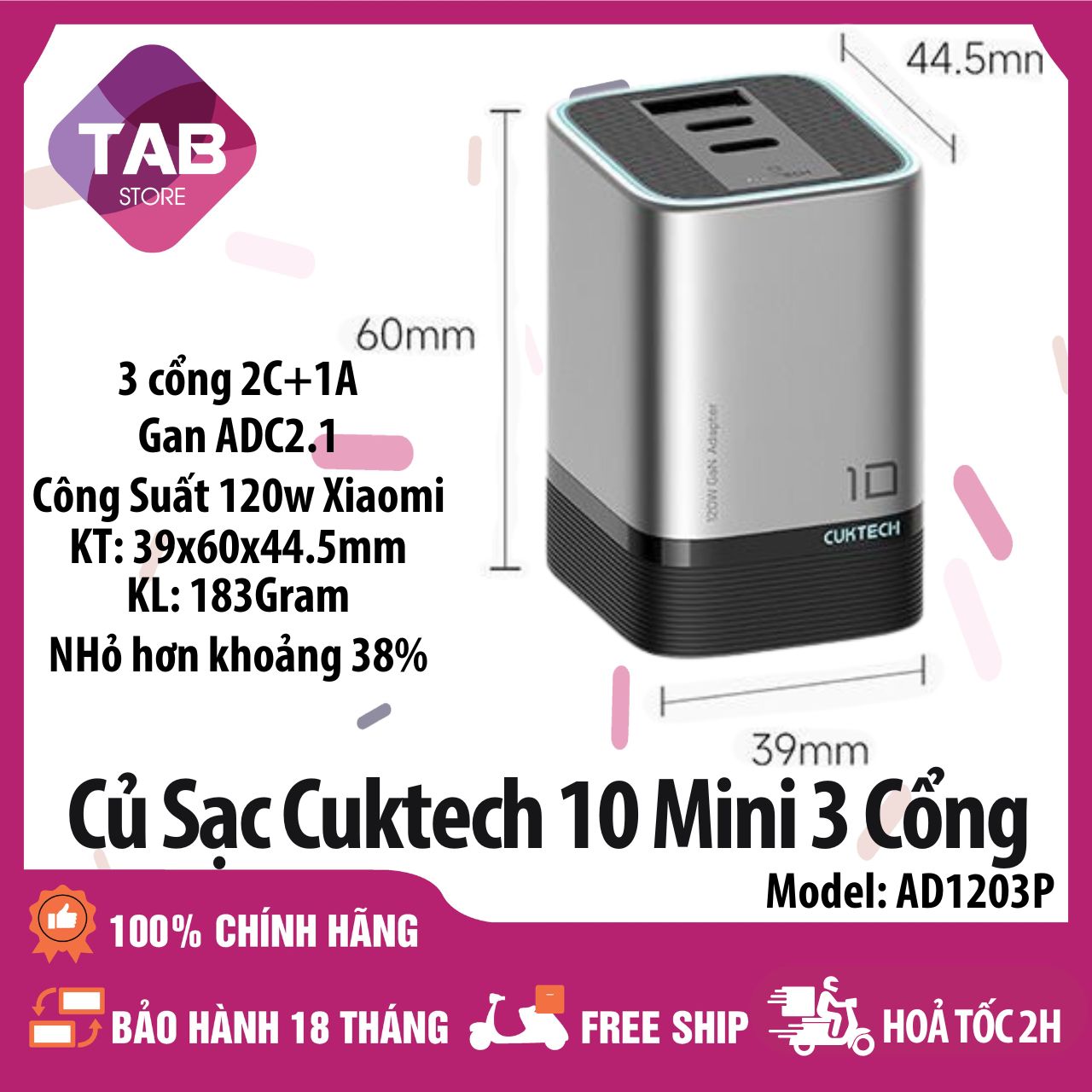 Sạc Cuktech 10 Mini 120w 3 Cổng (2C+1A) Mi turbro 120W PD3.0/PPS2.0/QC AD1203P -Bảo Hành 18 Tháng