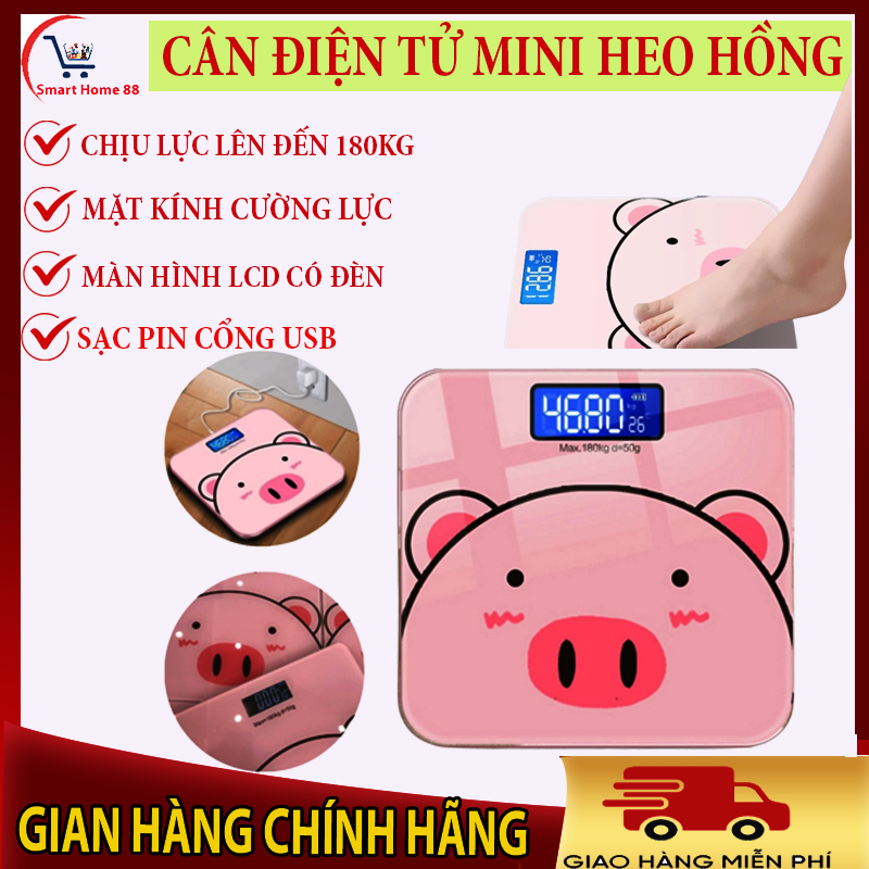 Cân điện tử, cân điện hình heo, cân điện tử mini, cân sức khỏe điện tử, chịu lực đến 180kg, mặt kính cường lực sang chảnh, bền tốt, độ chính xác cao, cân điện tử gia đình, siêu tiện lợi, nhỏ gọn