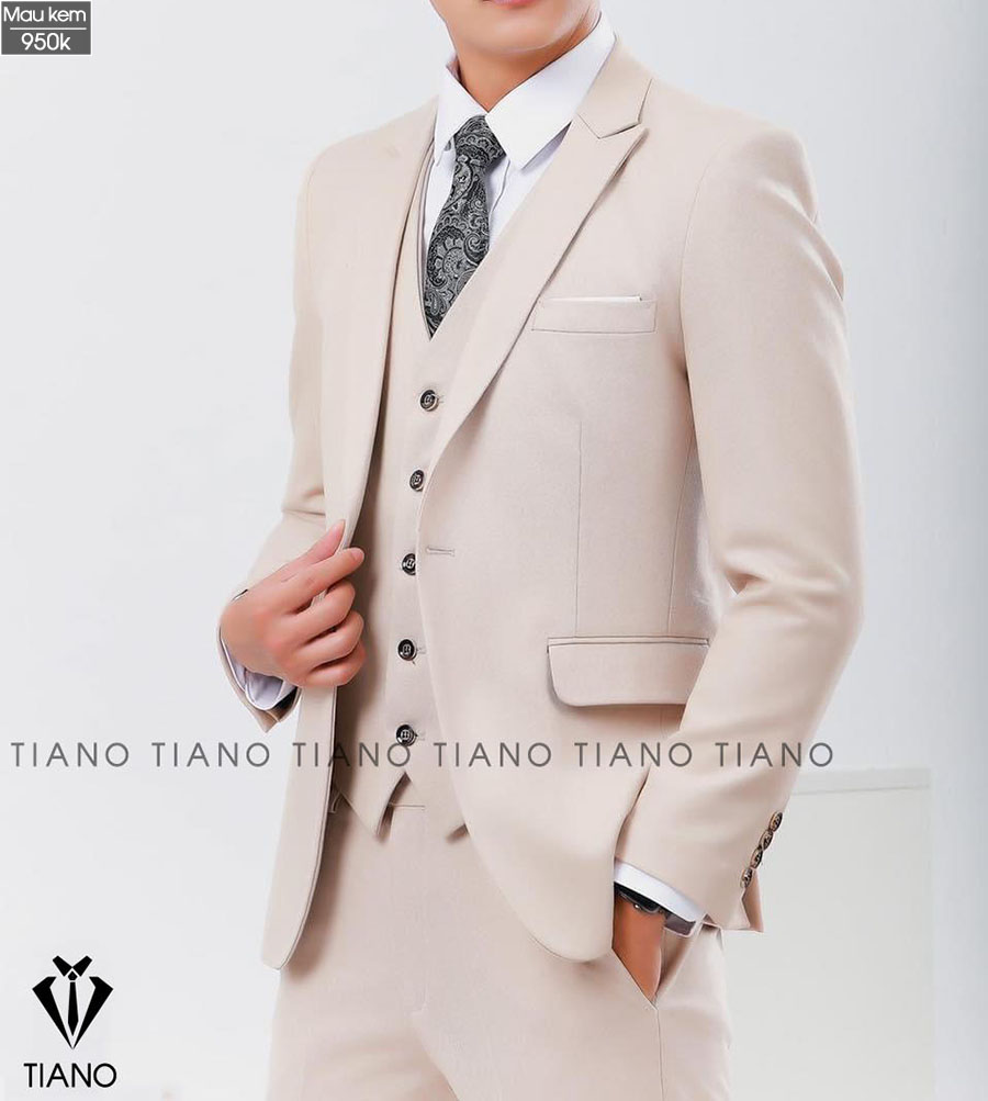 Bộ Vest nam, quần âu + áo vest 1 khuy màu KEM, hai lớp, vải không bai xù chống nhăn cao cấp