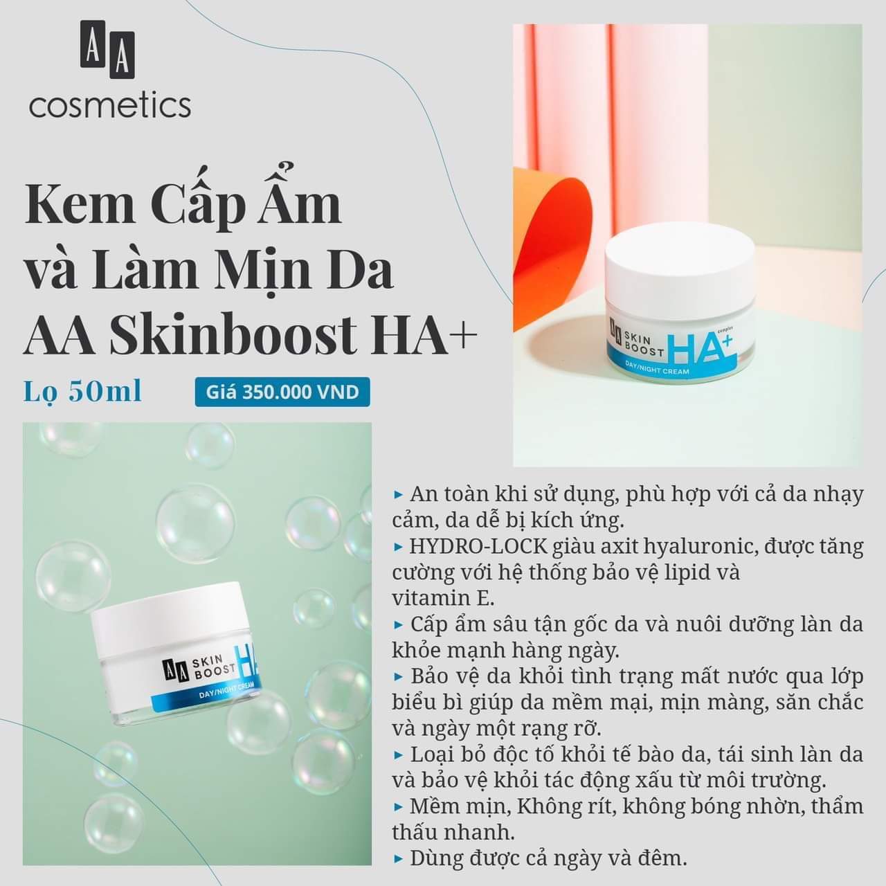 Kem cấp ẩm và làm mịn da aa skin boost ha + - aa cosmetics
