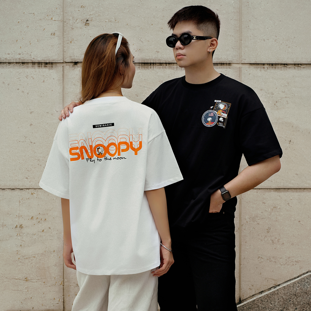 Oversize T-shirt - Áo thun Tee Unisex cổ tròn tay ngắn Semi Basic Black in hình Peanuts Snoopy Nasa, 100% cotton premium