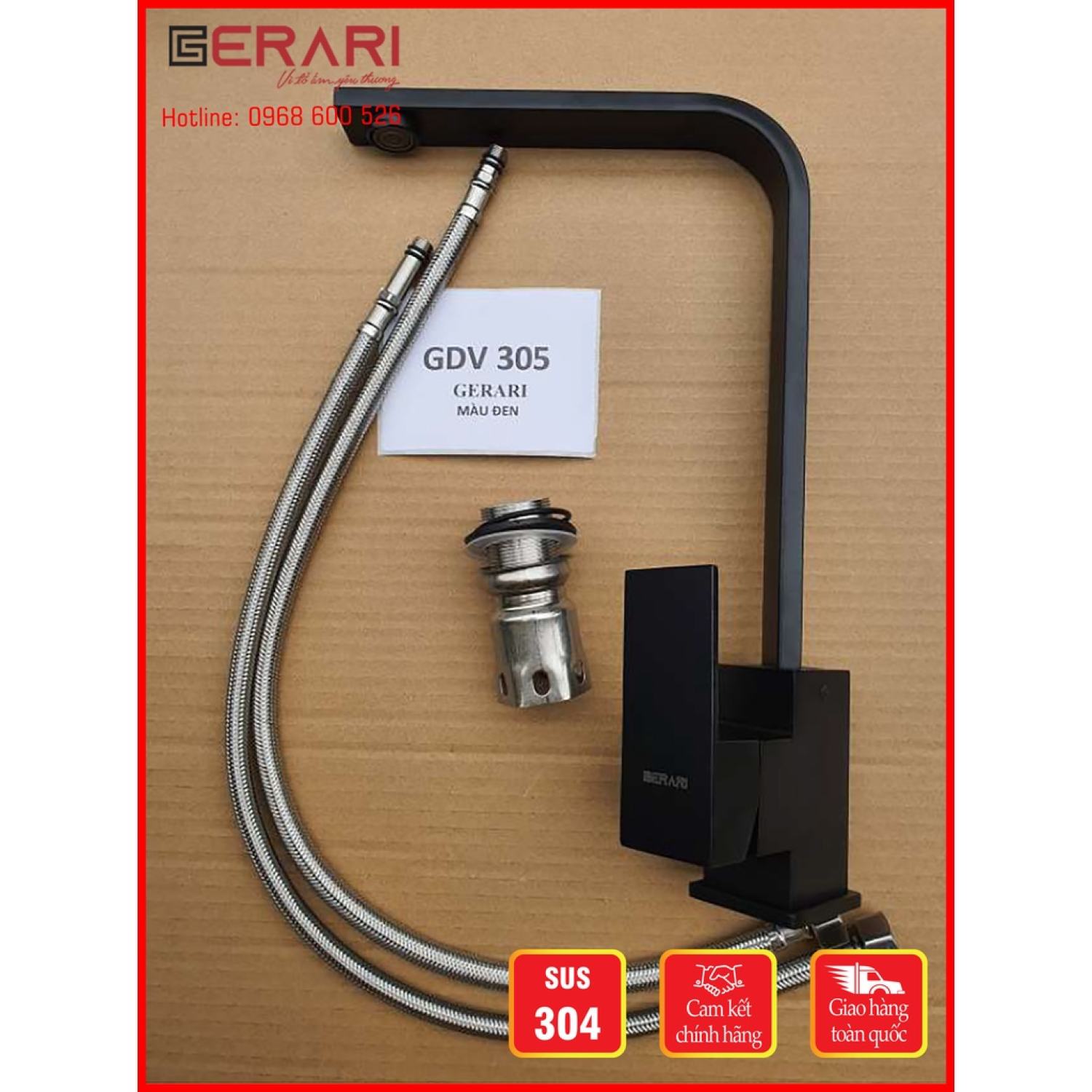 {CHÍNH HÃNG} Vòi Inox 304 hai đường nước nóng lạnh mã GDV302 ĐEN thương hiệu GERARI