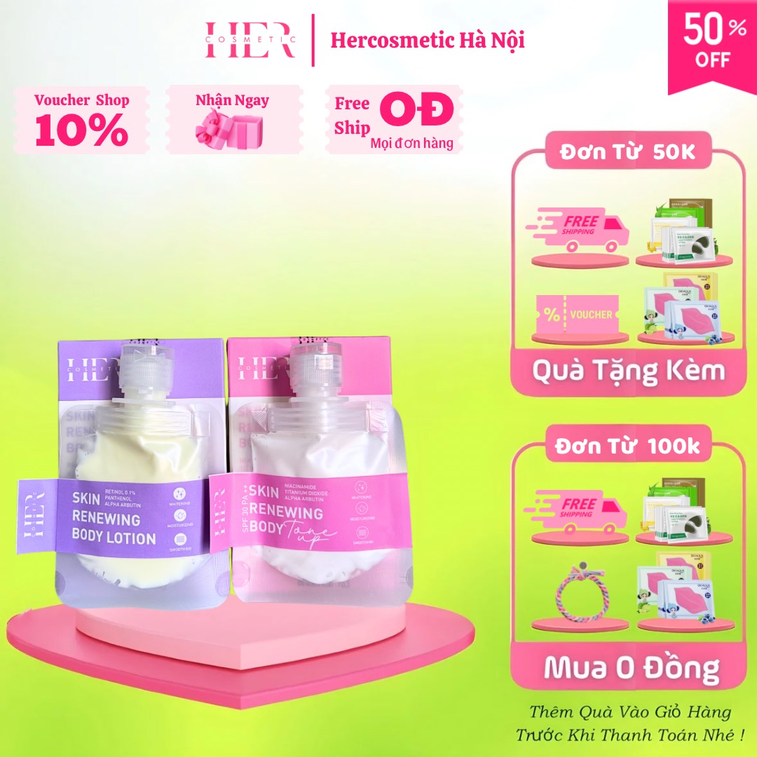 Combo kem body trắng da her cosmetic , treatment , retinol ,kem dưỡng da skin renewing body. apha arbutin ,