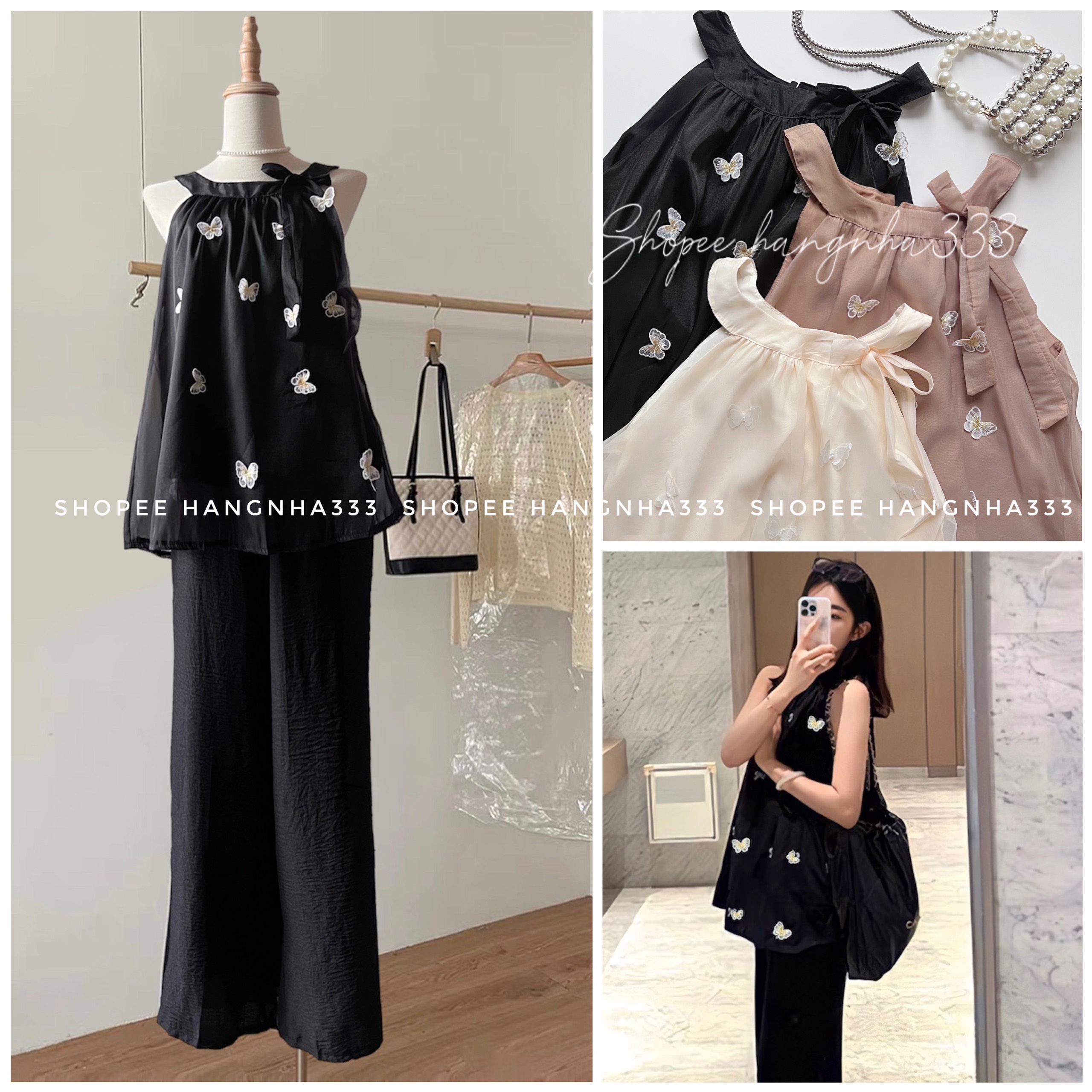 2 lớp | set bộ voan butterfly áo yếm cột nơ quần dài ống suông tiểu thư trendy