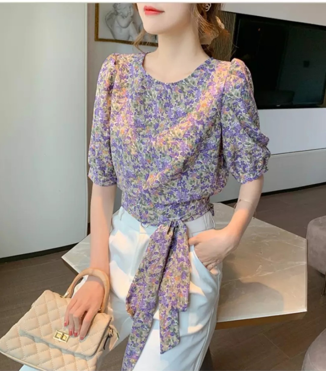 Áo hoa croptop thắt nơ eo xinh xắn