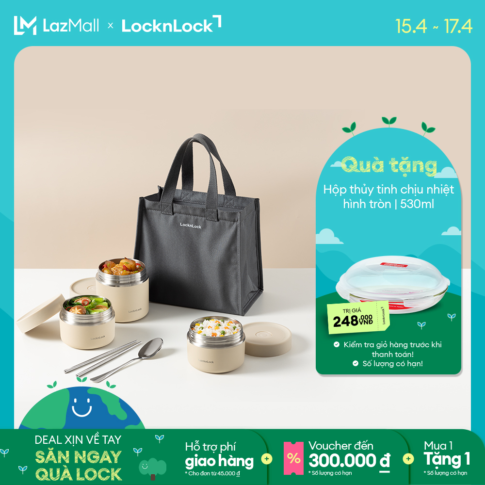 Bộ 3 cơm giữ nhiệt thép không gỉ LocknLock Pump Vacuum Lunch Box LHC8052S02 - 2 Màu, 3 hộp, kèm túi đựng cơm cách nhiệt, bộ muỗng đũa