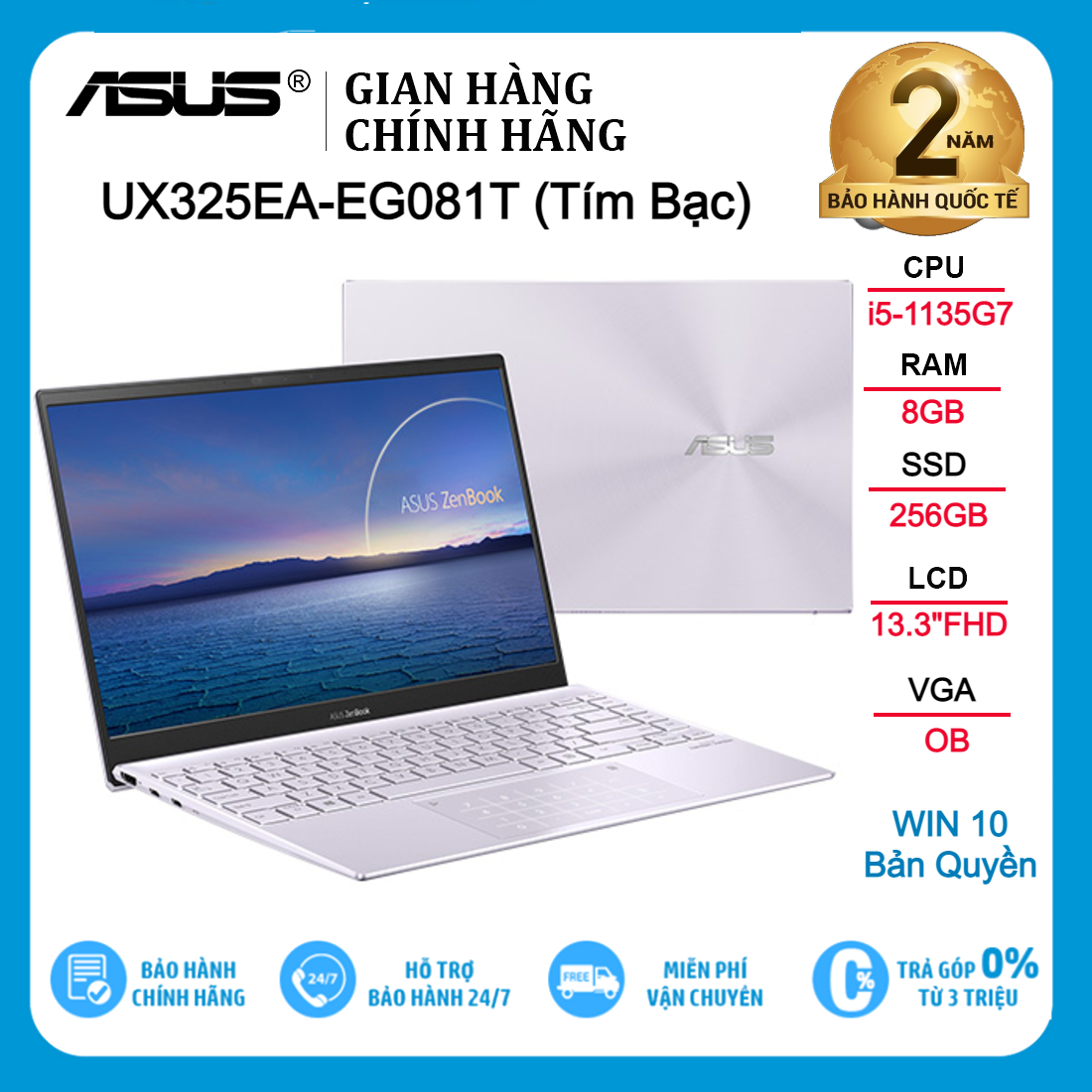 Laptop asus zenbook ux325ea-eg081t tím i5-1135g7| 8gb| 256gb| ob| 13.3''fhd| win 10-hàng chính hãng new 100%