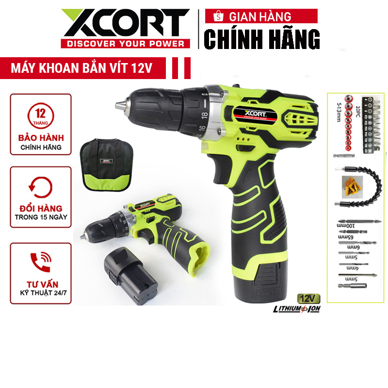 Máy khoan pin máy khoan vặn vít pin 12v tặng kèm 2 pin và túi dụng cụ xcort chính hãng