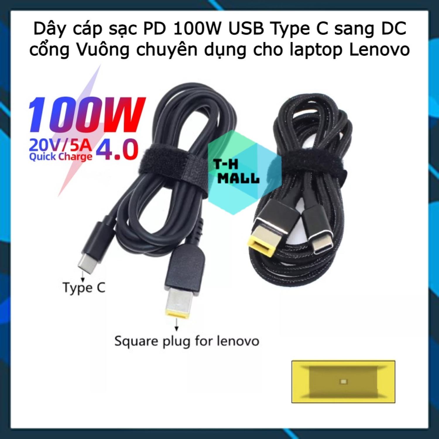 Dây cáp sạc pd 100w usb type c sang dc vuông chuyên dụng cho laptop lenovo