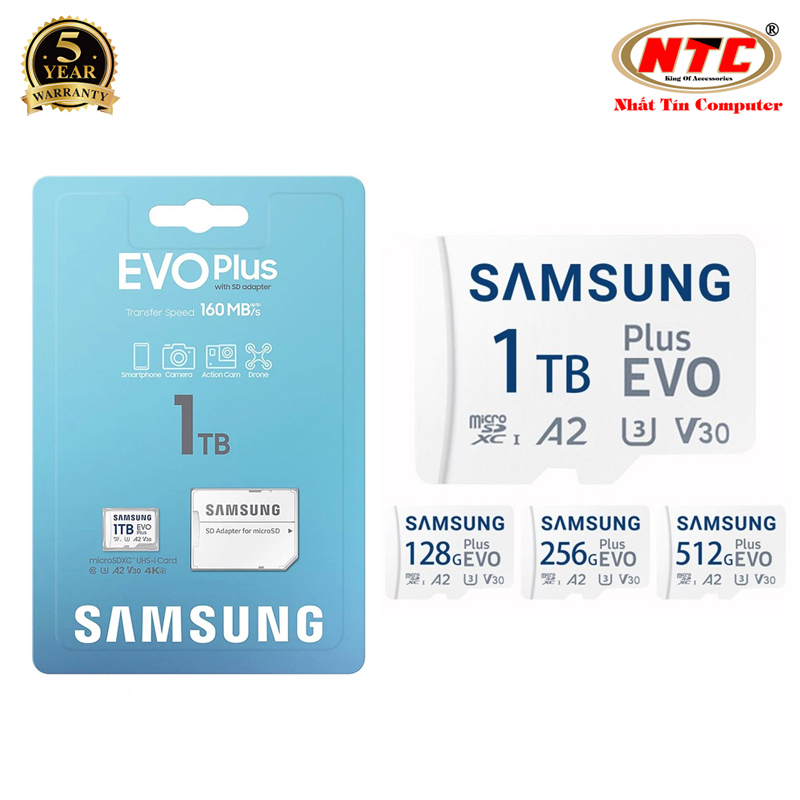 Thẻ nhớ MicroSDXC Samsung Evo Plus 1TB / 512GB / 256GB / 128GB / 64GB U3 A2 V30 đọc 160MB/s ghi 60MB/s (Trắng) Nhất Tín Computer