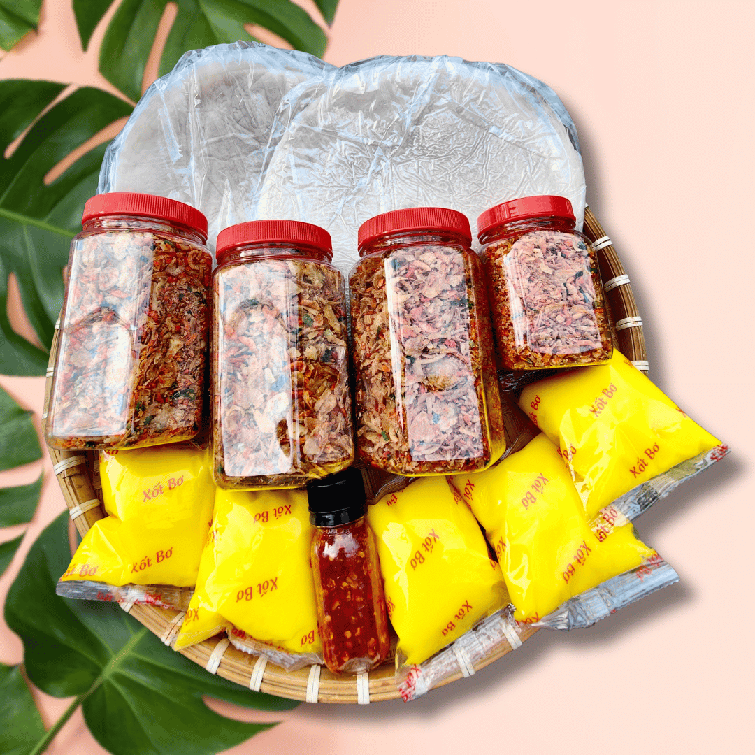Combo 500g Bánh Tráng Phơi Sương, 500g Muối Ruốc Hành Phi, Bơ Béo 500g và Sốt Snack Ăn Vặt Food