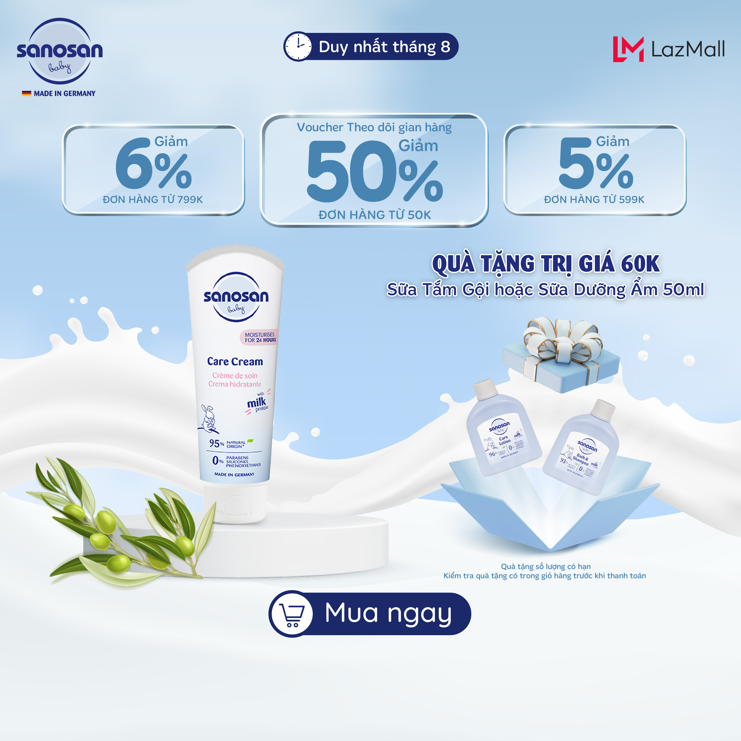 Kem dưỡng ẩm Sanosan Baby với protein sữa thủy phân 0M+ 100ml
