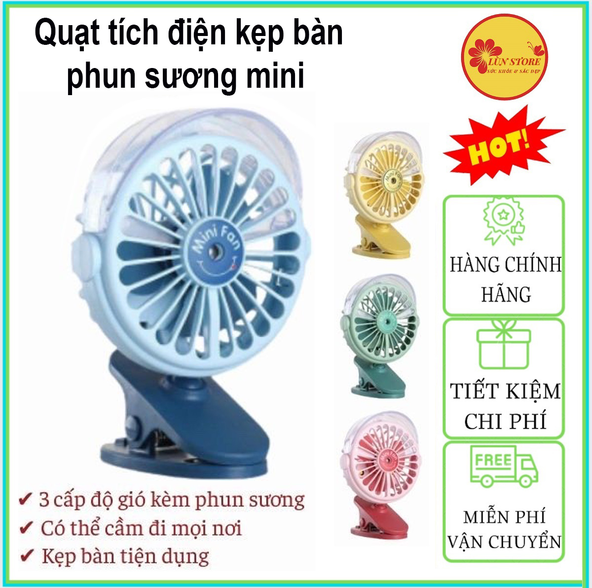 Quạt tích điện kẹp bàn phun sương mini, Quạt Mini Phun Sương thiết kế nhỏ gọn, đẹp mắt, có thể kẹp trên bàn xoay 360 độ, Quạt điện mini, Quạt kẹp bàn tích điện sạc USB tiện dụng, Quạt Phun Sương mini kẹp bàn tiện lợi