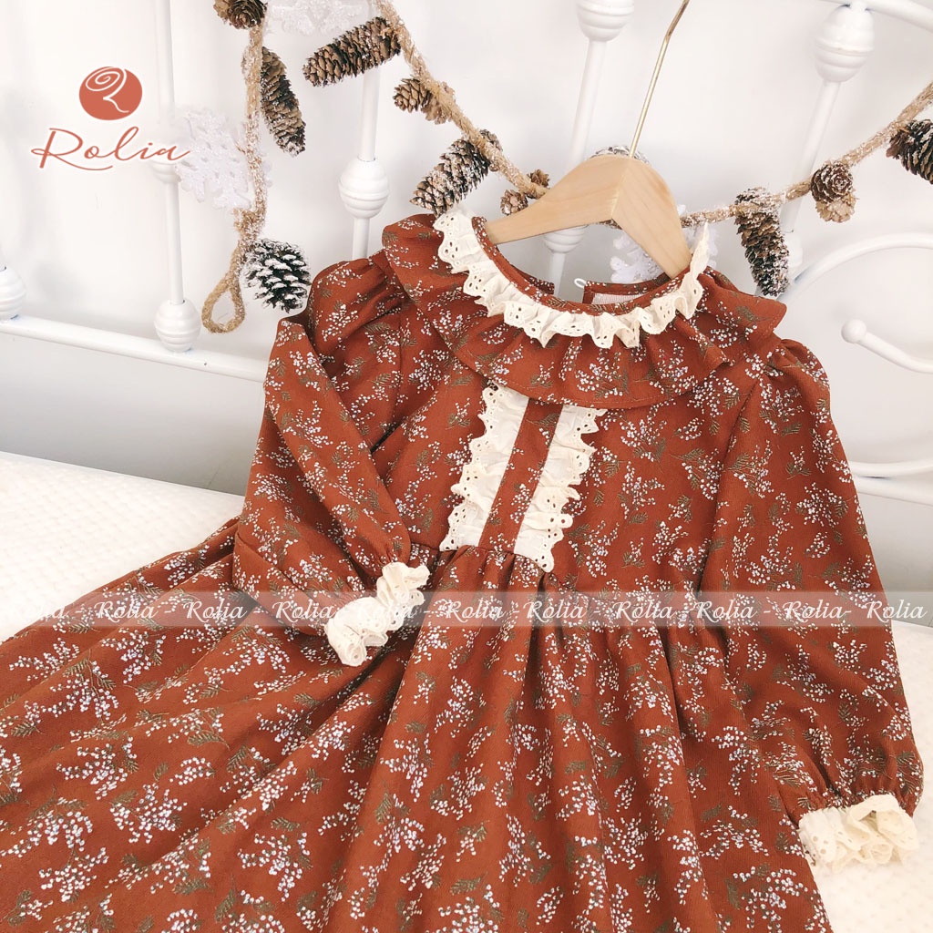 Váy bé gái nhung in hoa ROLIA chất nhung in hoa cổ phối ren diện tết V50
