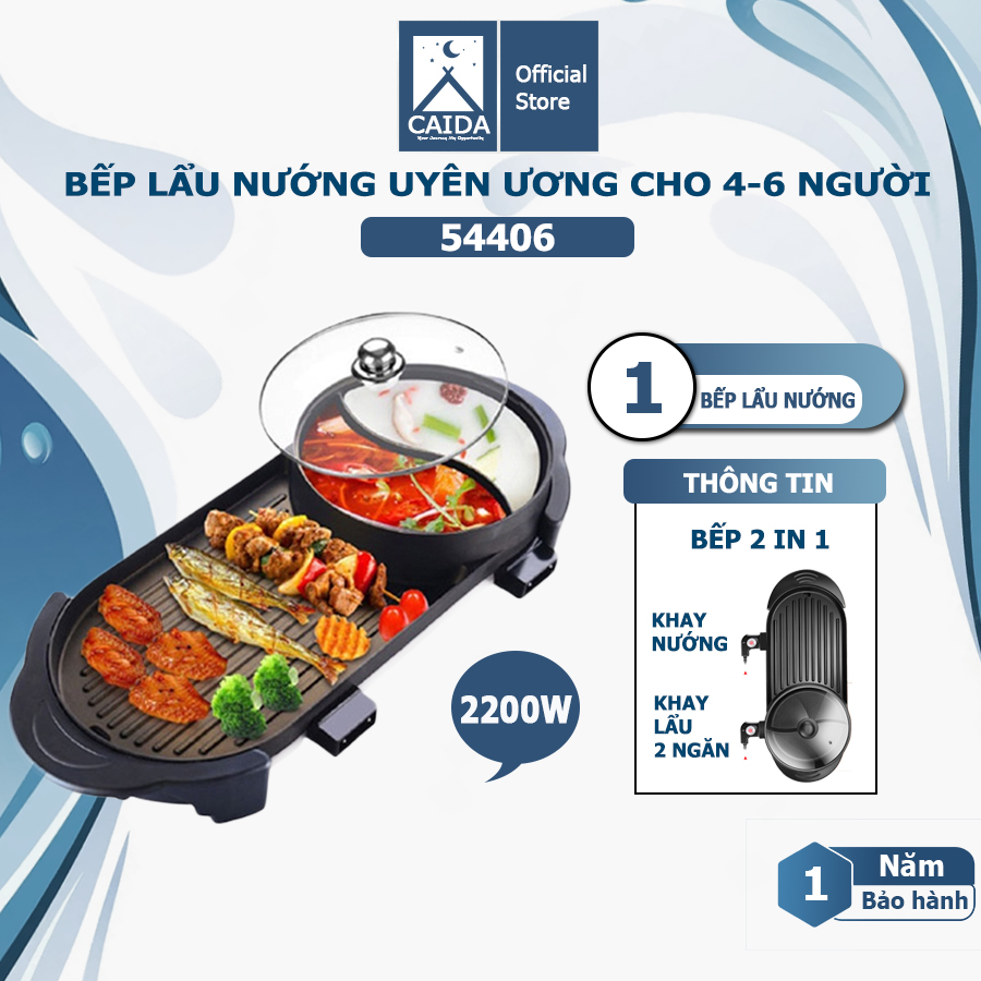 Bếp lẩu nướng Đa năng 2 trong 1, Công suất 2200W bề mặt chống dính truyền nhiệt nhanh, tiện lợi cho mọi gia đình